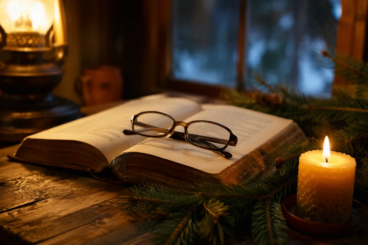 Open Bible with Reading Glasses in Warm Light