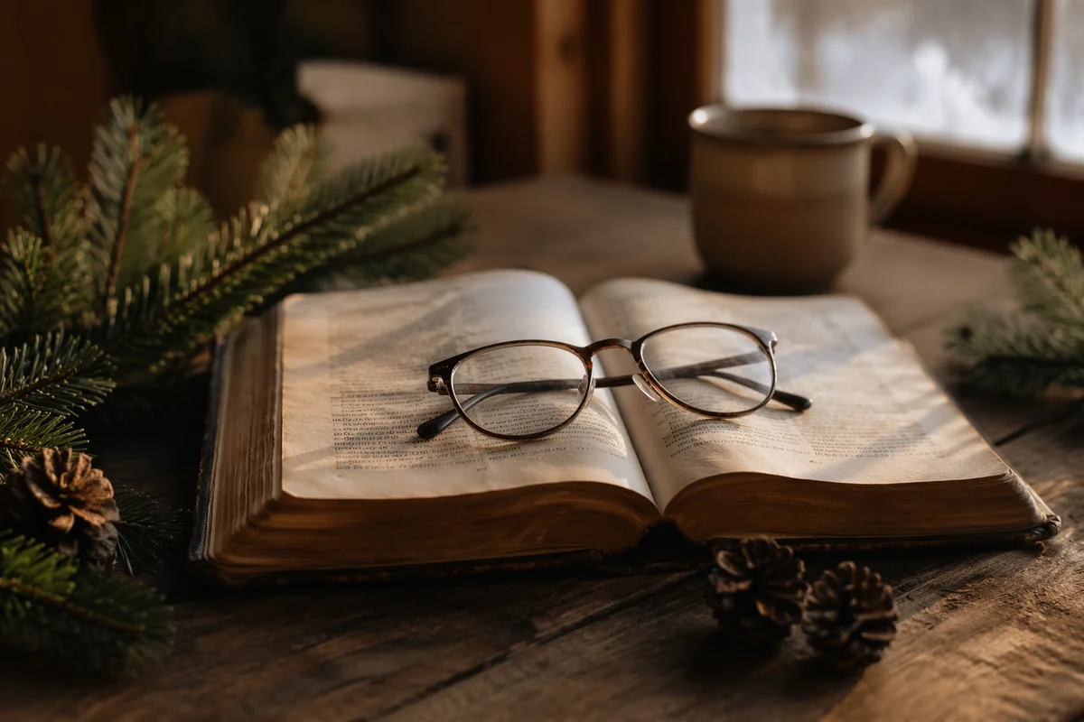 Open Bible with Reading Glasses in Warm Light