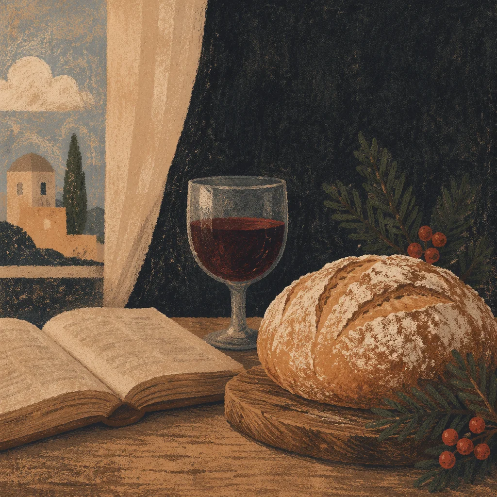 Rustic Communion Bread and Wine Still Life