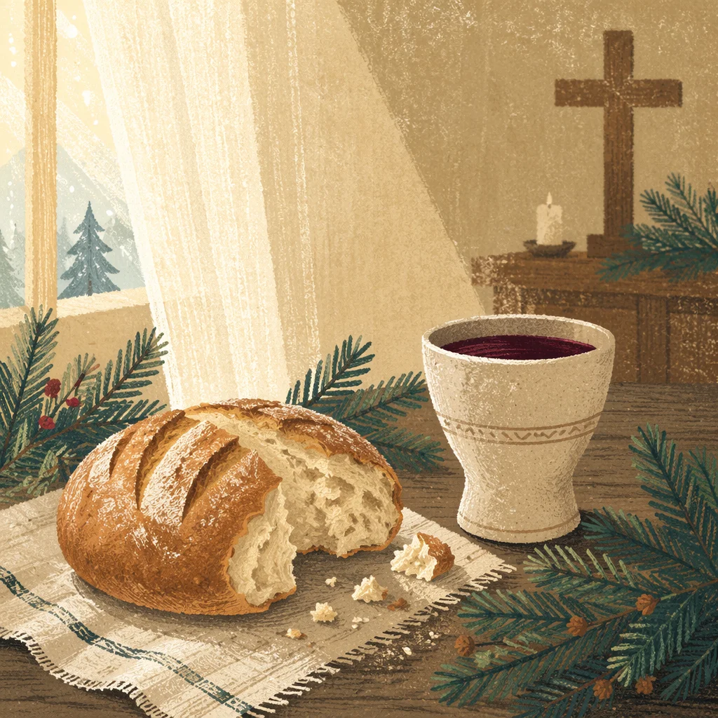 Evergreen Communion Bread and Wine Still Life