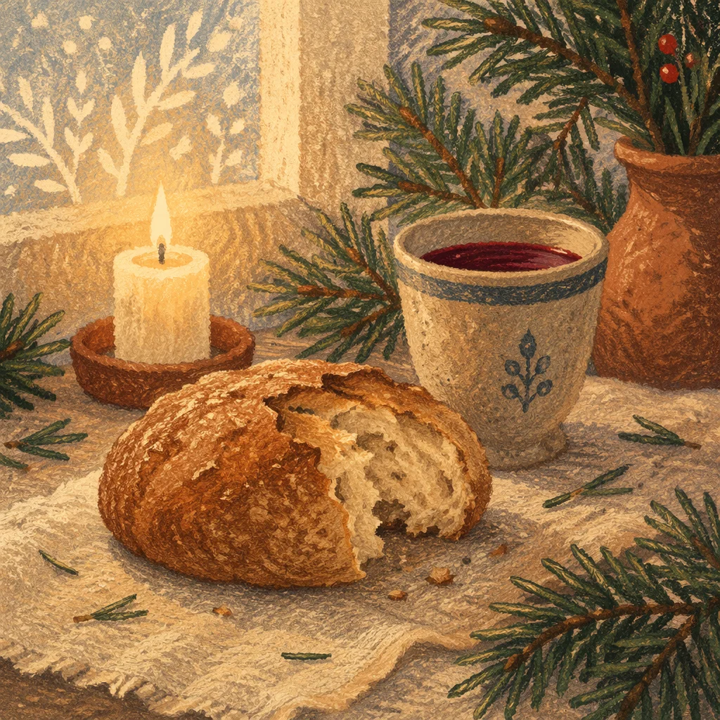 Evergreen Communion Bread and Wine Still Life