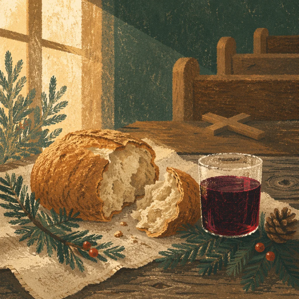 Evergreen Communion Bread and Wine Still Life