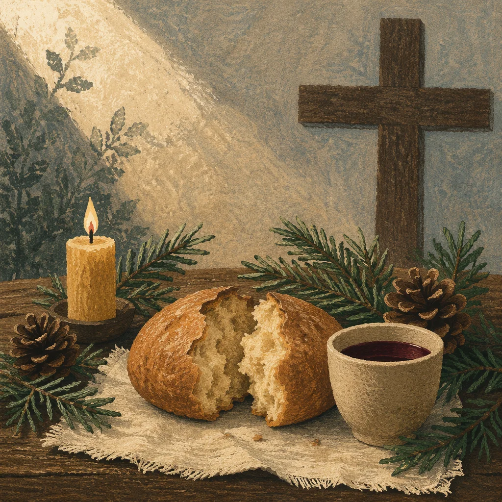 Evergreen Communion Bread and Wine Still Life