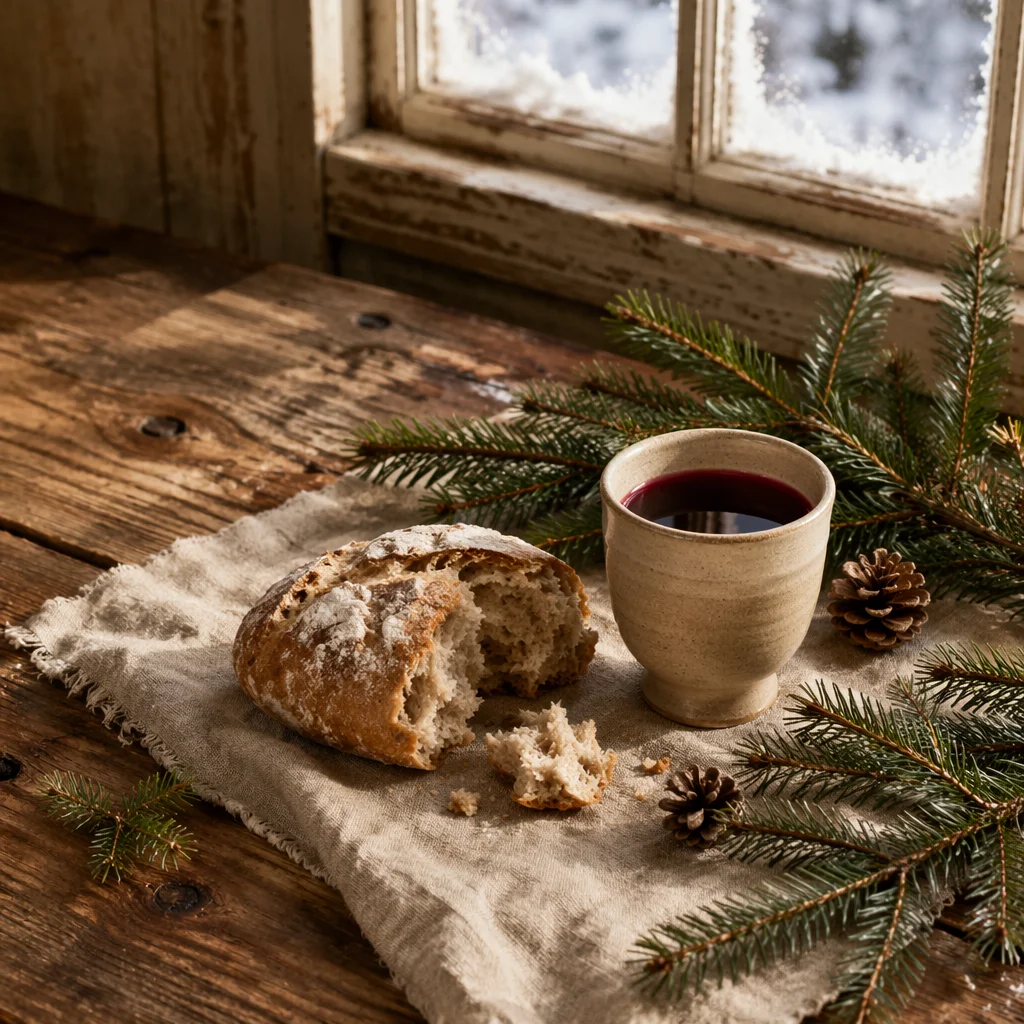 Evergreen Communion Bread and Wine Still Life