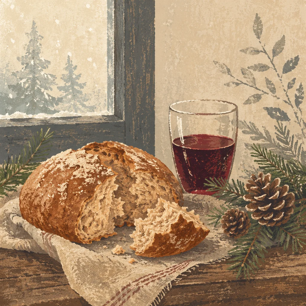 Rustic Communion Bread and Wine with Evergreens
