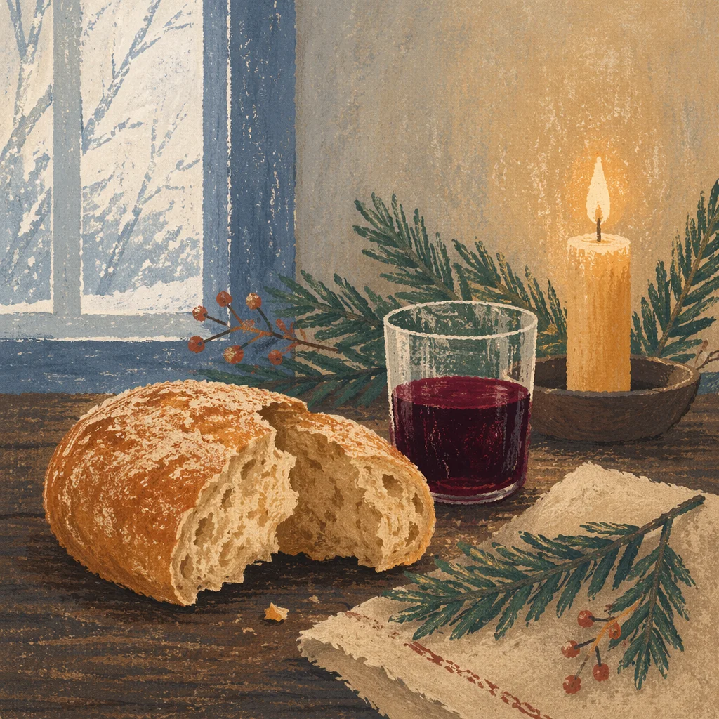 Rustic Bread and Wine Communion with Evergreens