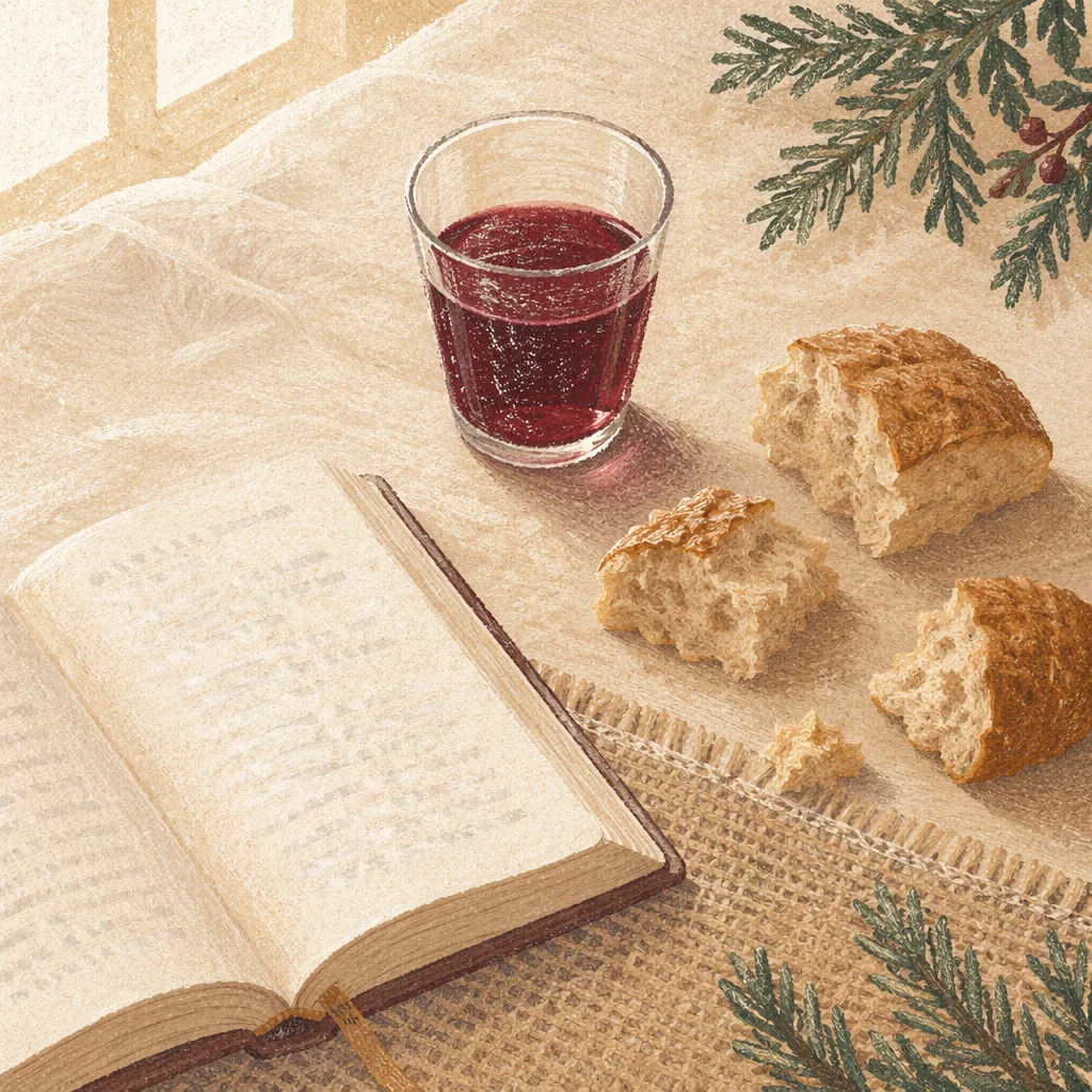 Evergreen Communion Bread and Wine Still Life
