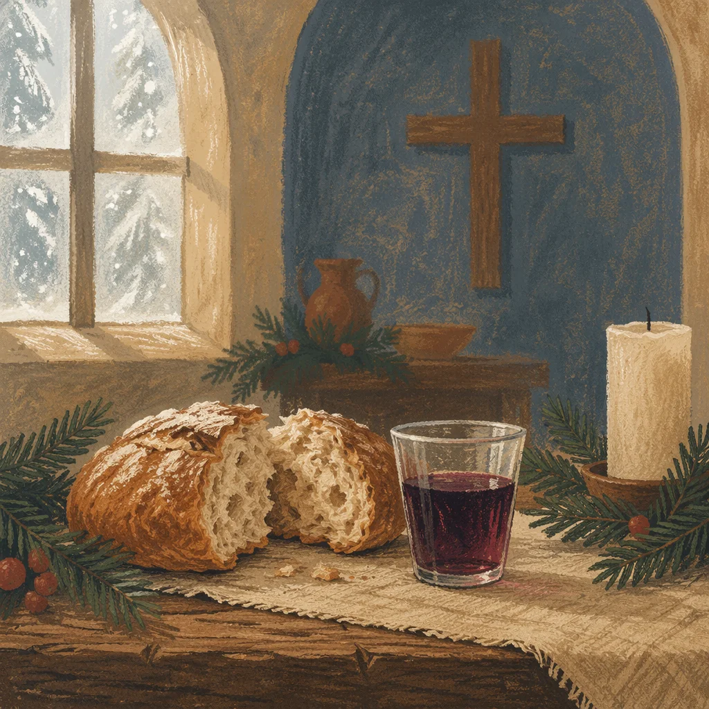 Evergreen Communion Bread and Wine Still Life
