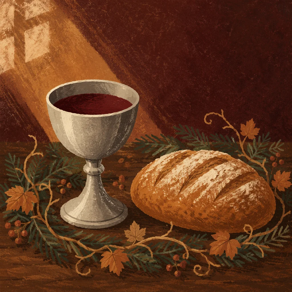 Evergreen Communion Bread and Wine Still Life