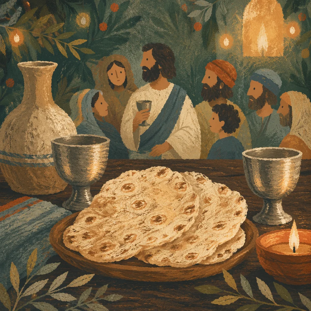 Evergreen Communion Bread and Silver Chalices