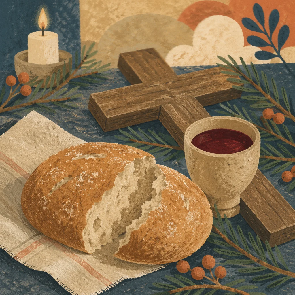Rustic Evergreen Communion Bread and Wine