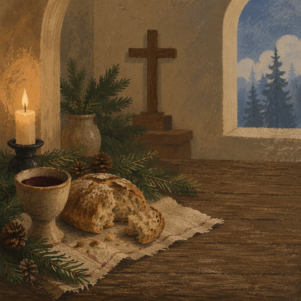 Evergreen Communion Bread and Wine Still Life
