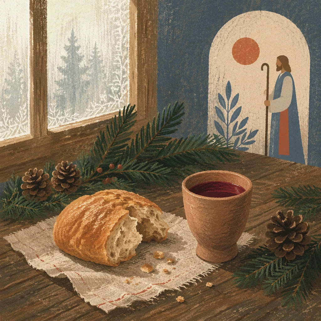 Evergreen Communion Bread and Wine Still Life