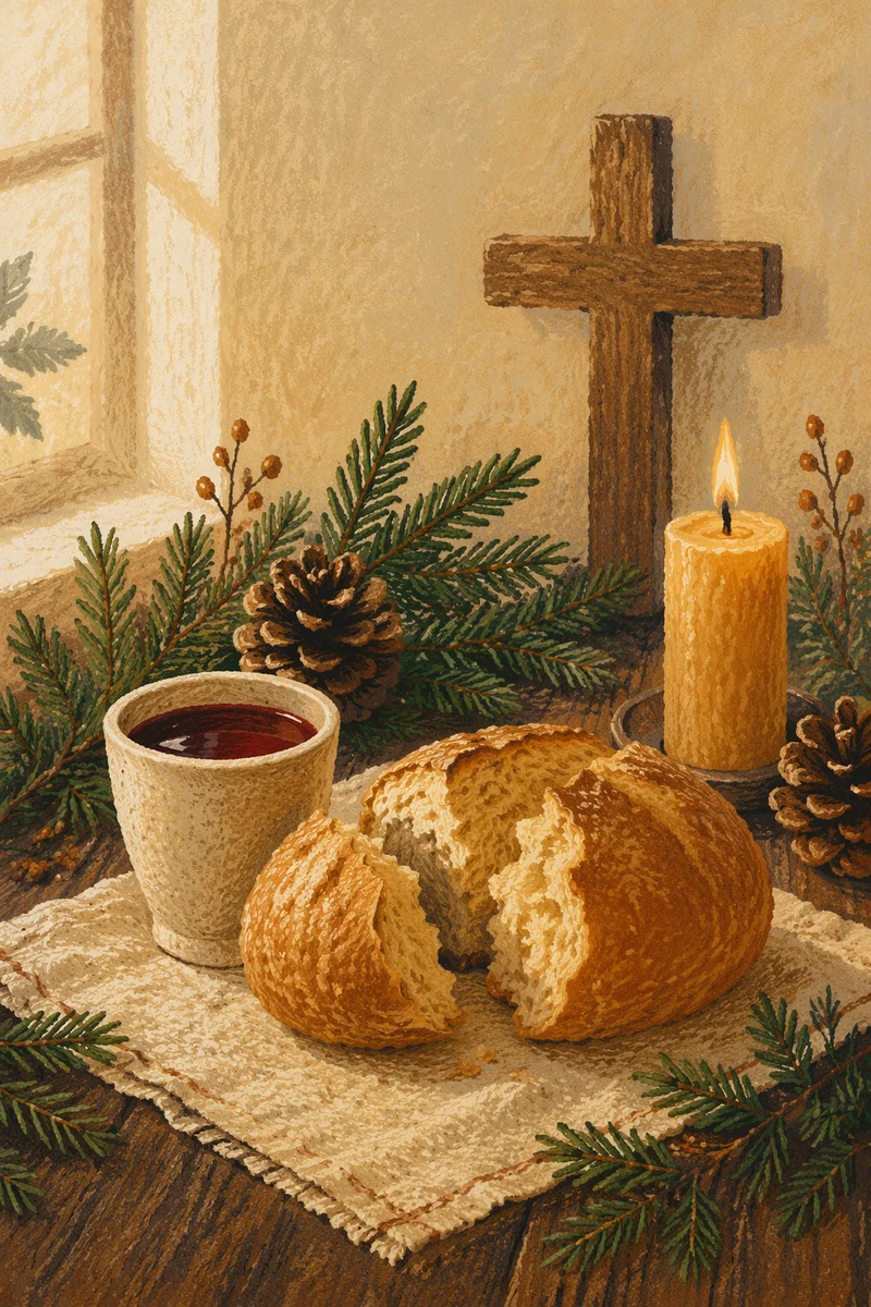 Evergreen Communion Bread and Wine Still Life