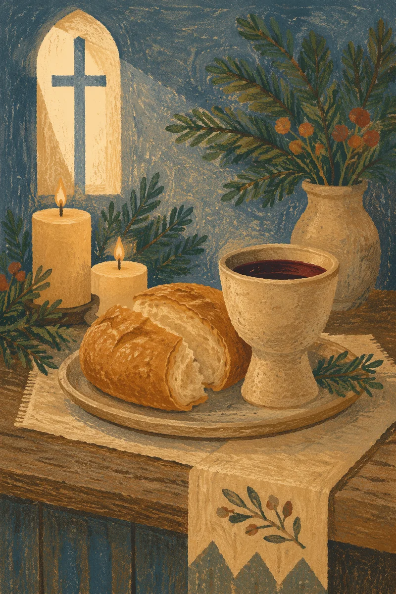 Evergreen Communion Bread and Wine Table