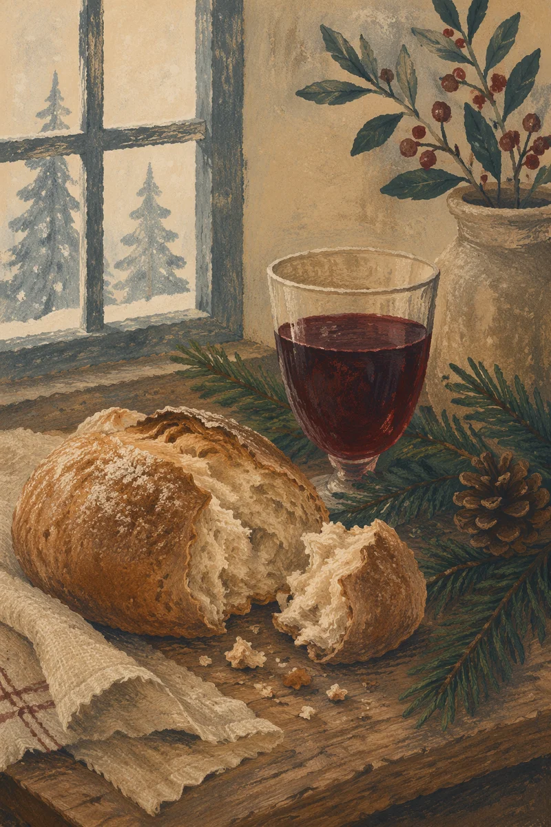 Rustic Communion Bread and Wine with Evergreens
