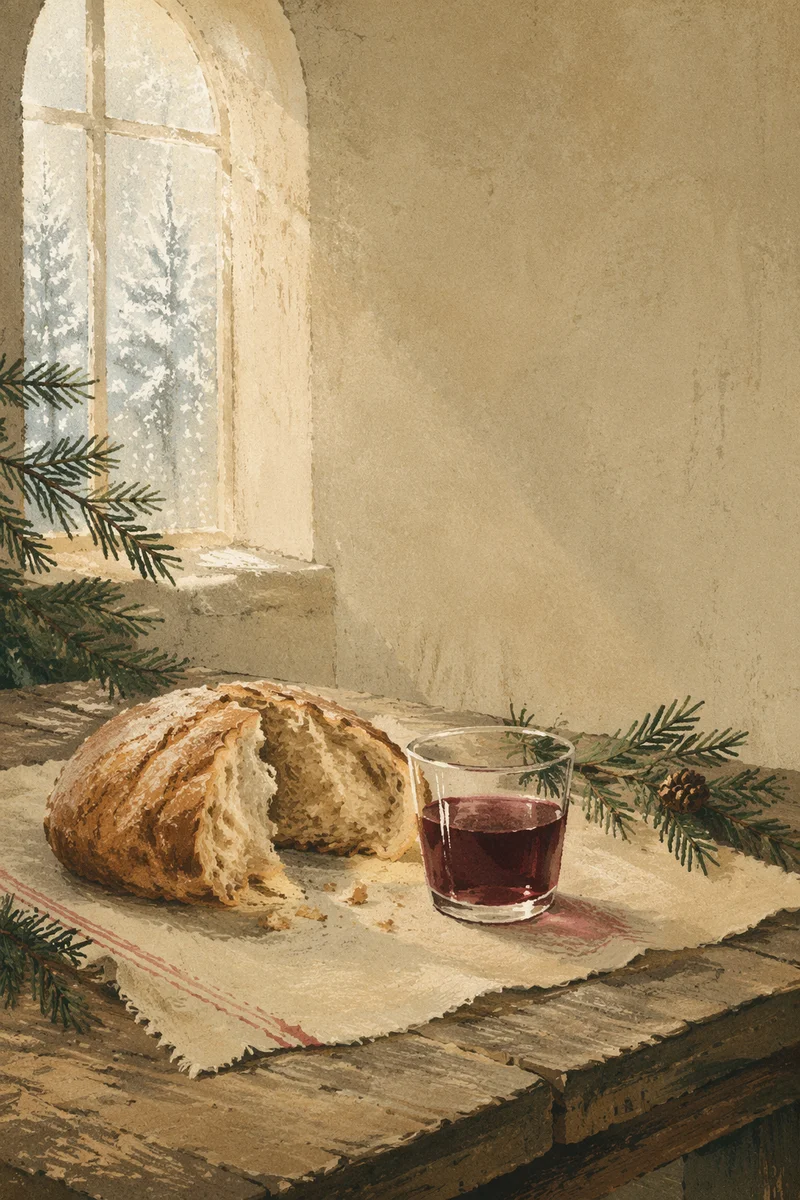 Evergreen Communion Bread and Wine Still Life