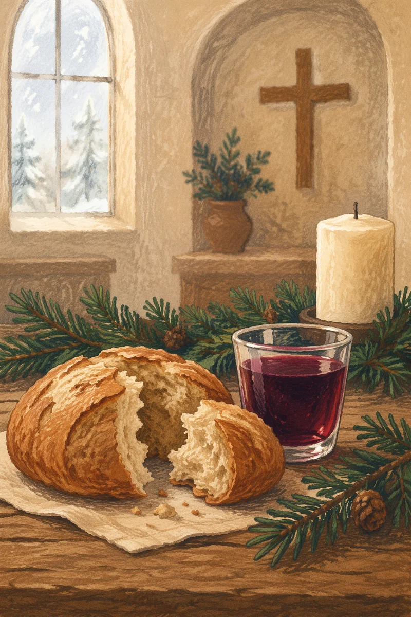 Evergreen Communion Bread and Wine Still Life