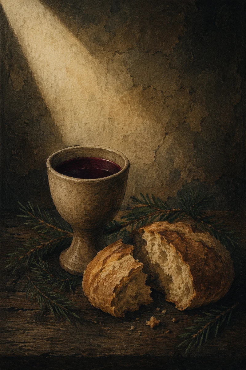Evergreen Communion Bread and Wine Still Life
