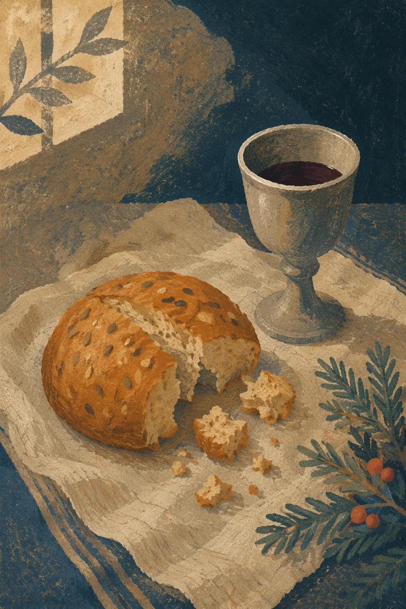 Rustic Communion Bread Wine and Evergreen