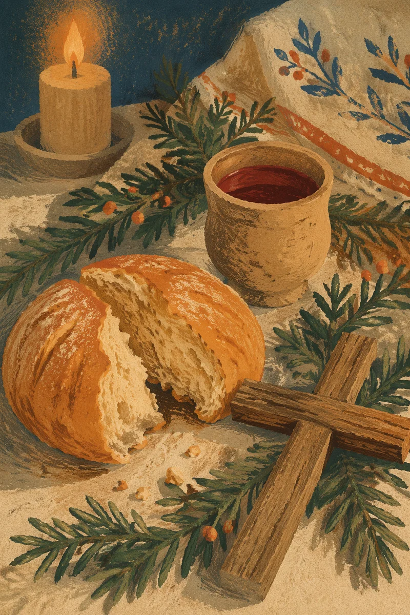 Rustic Communion Bread Wine and Evergreen Cross
