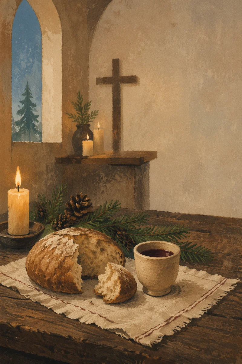 Rustic Communion Bread and Wine with Evergreens