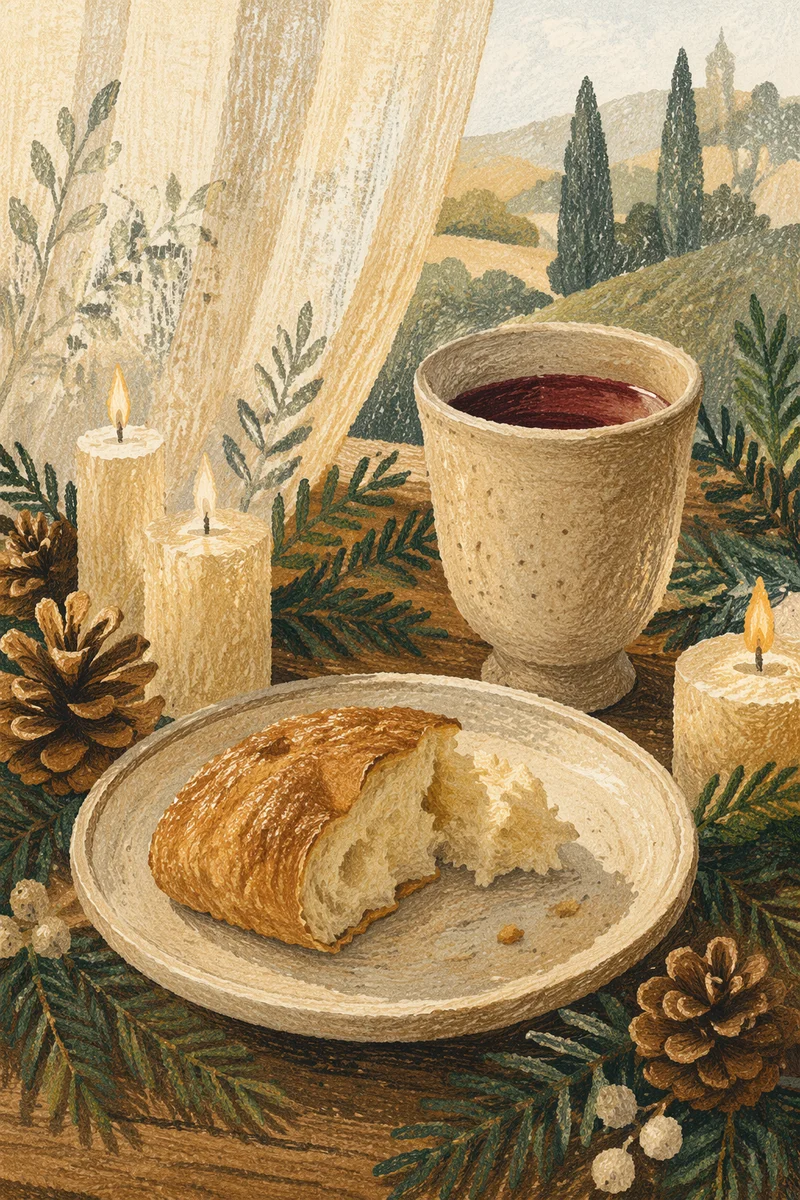 Evergreen Communion Bread and Wine Still Life