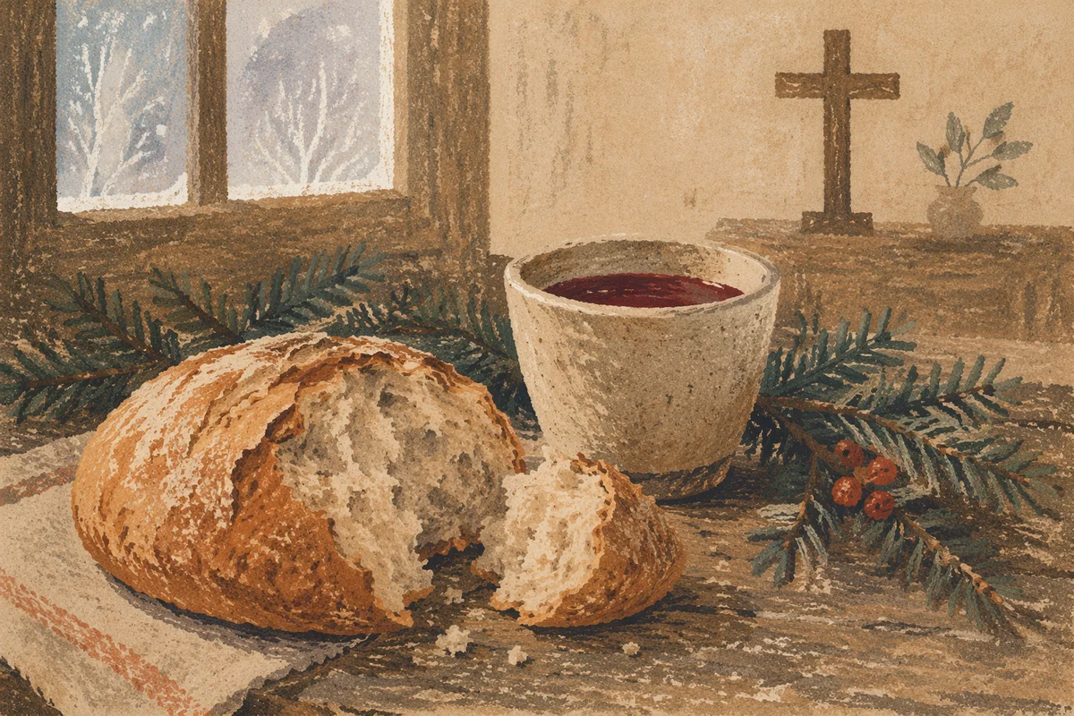 Rustic Communion Bread Wine and Evergreen