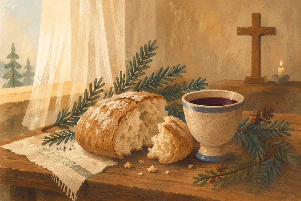 Evergreen Communion Bread and Wine Still Life