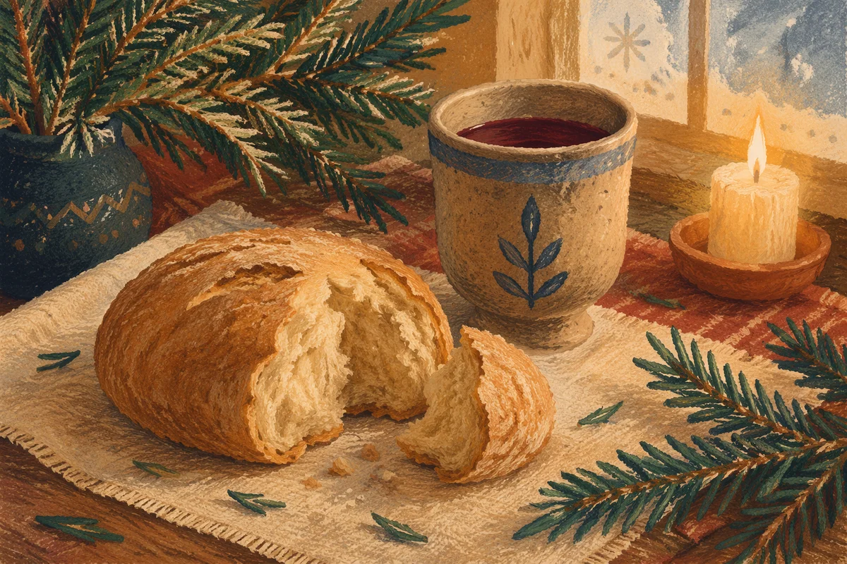 Evergreen Communion Bread and Wine Still Life