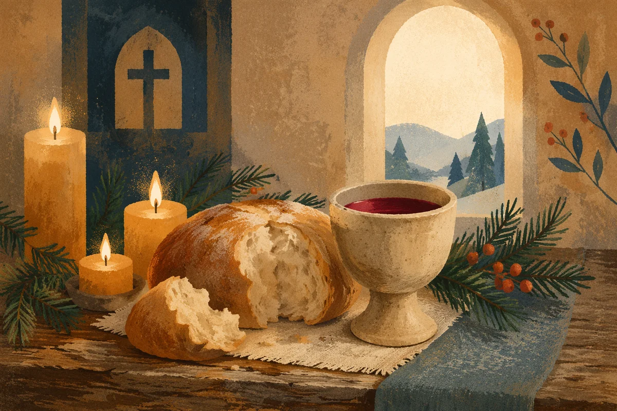 Evergreen Communion Bread and Wine Still Life