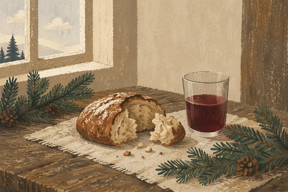 Evergreen Communion Bread and Wine Still Life