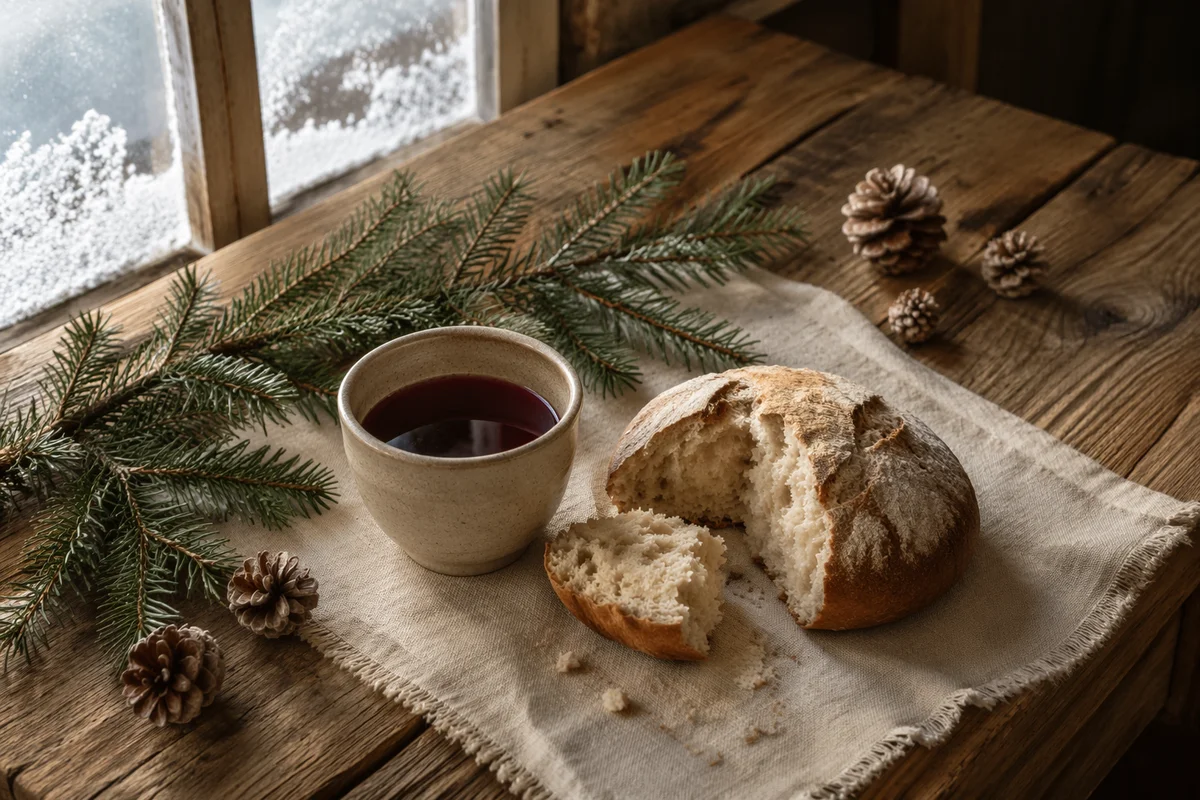 Evergreen Communion Bread and Wine Still Life