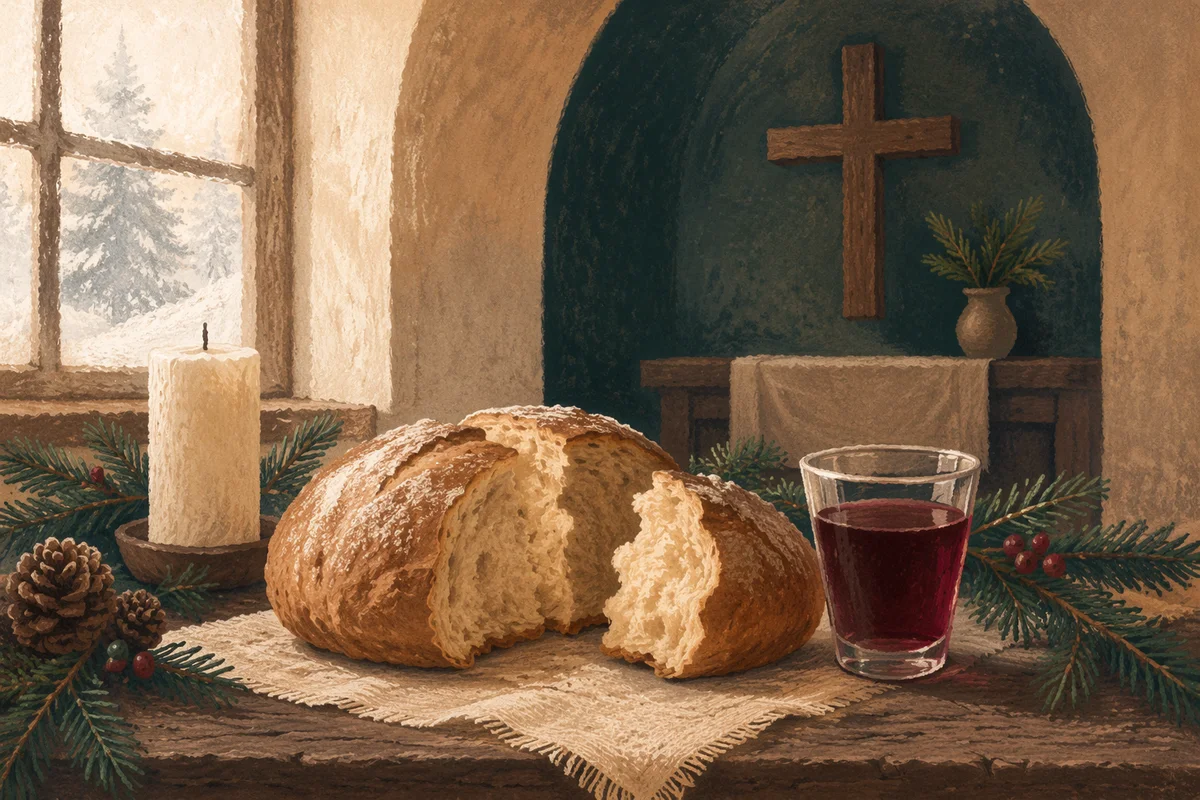 Evergreen Communion Bread and Wine Still Life