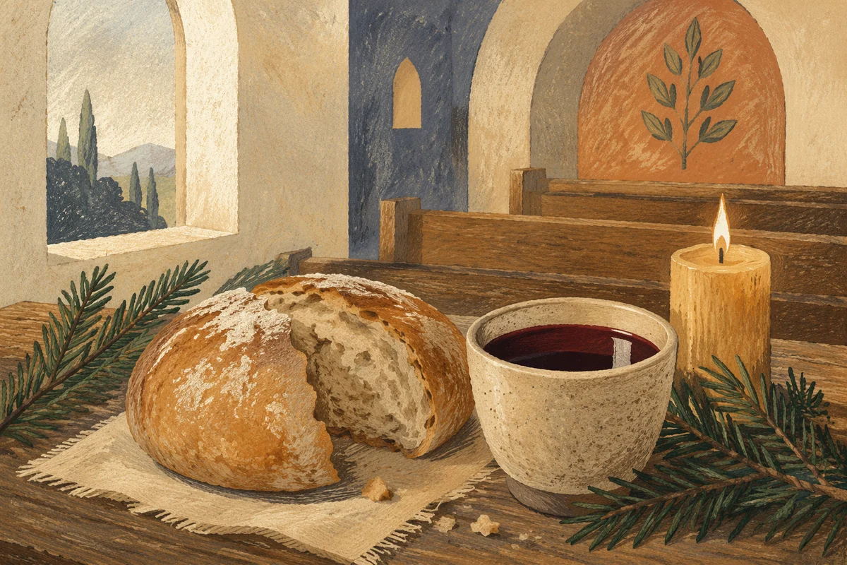Rustic Communion Bread and Wine with Evergreens