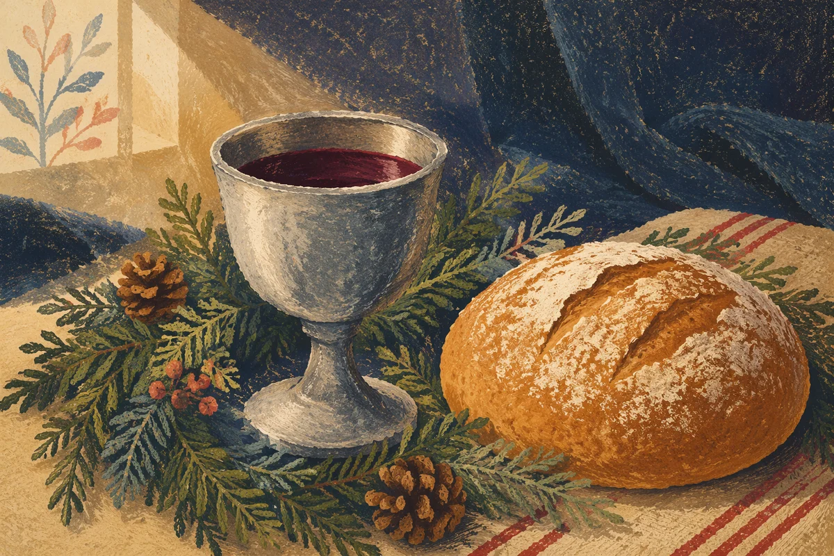 Evergreen Communion Bread and Wine Still Life