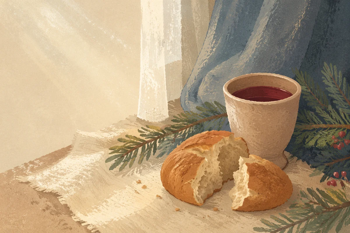 Evergreen Communion Bread and Wine Still Life