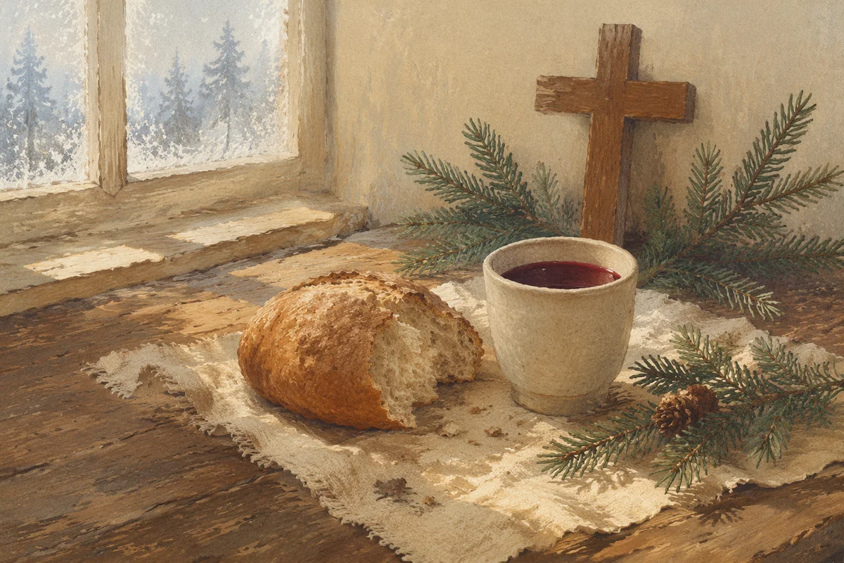 Rustic Communion Bread and Wine with Evergreens