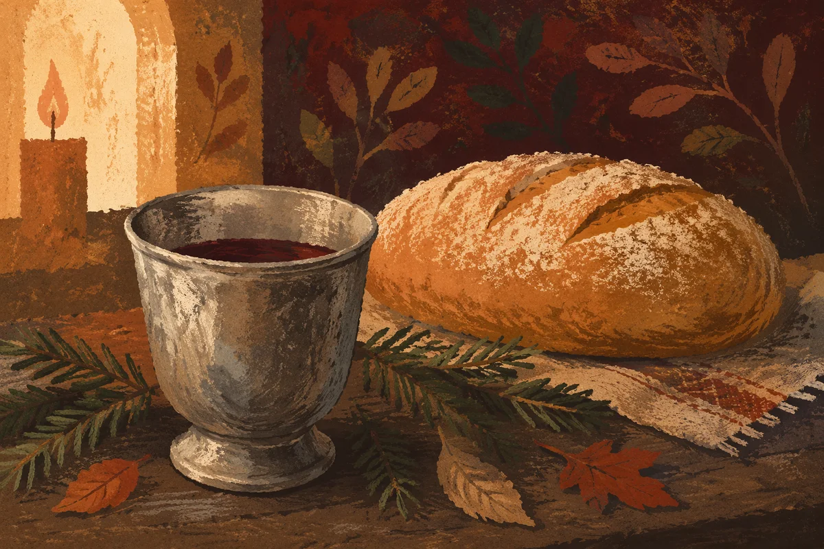 Evergreen Communion Bread and Wine Still Life