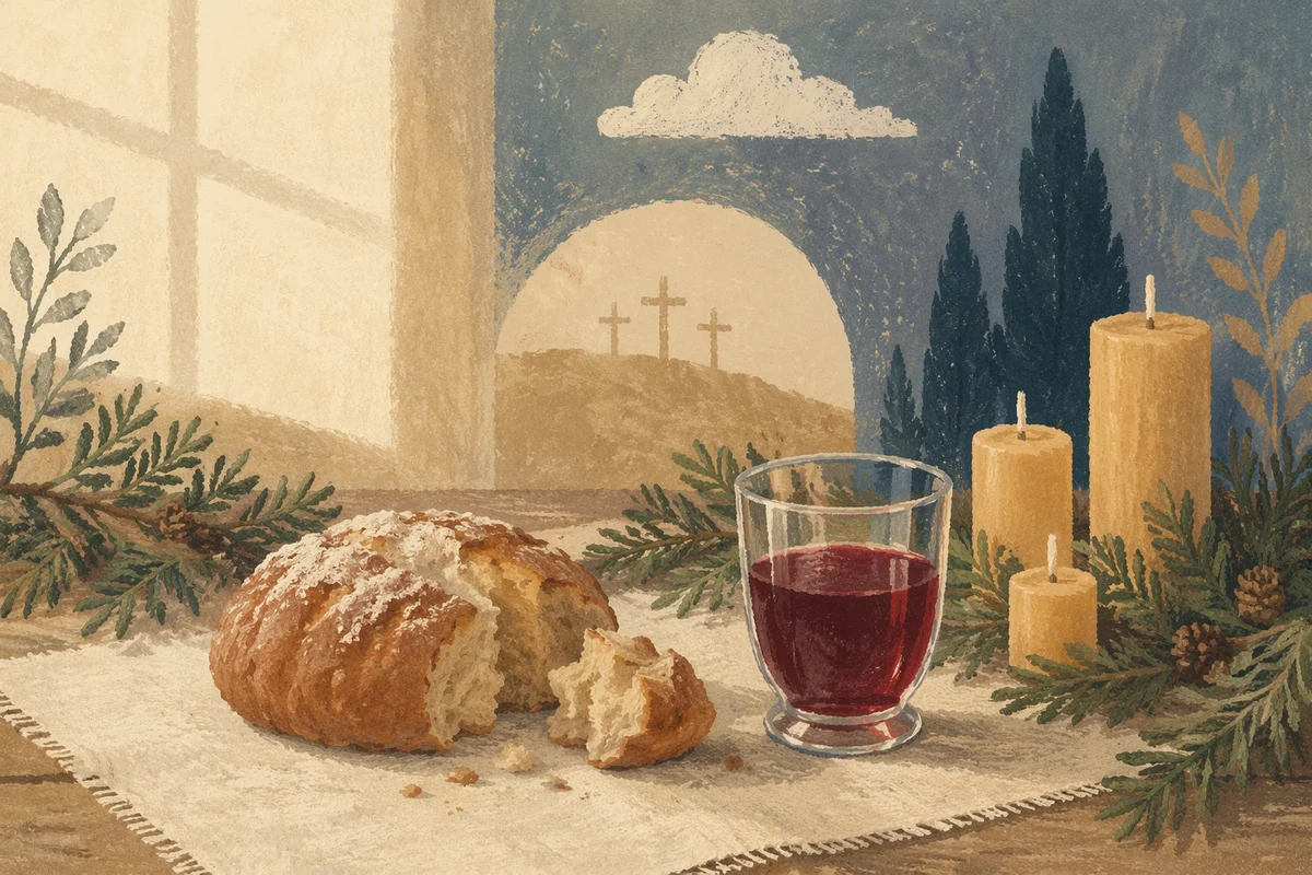 Evergreen Communion Bread and Wine Still Life