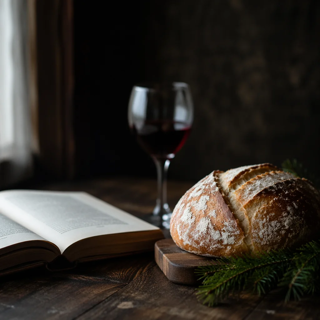 Rustic Communion Bread and Wine Still Life
