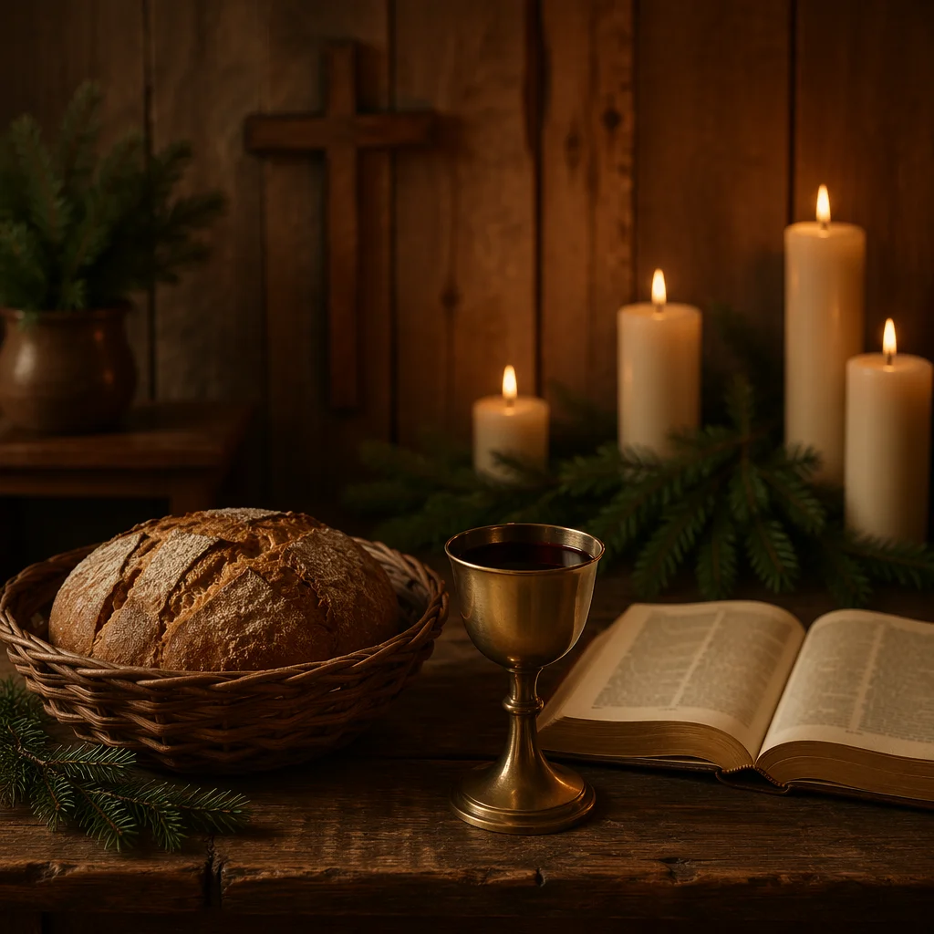 Evergreen Communion Bread and Wine Still Life