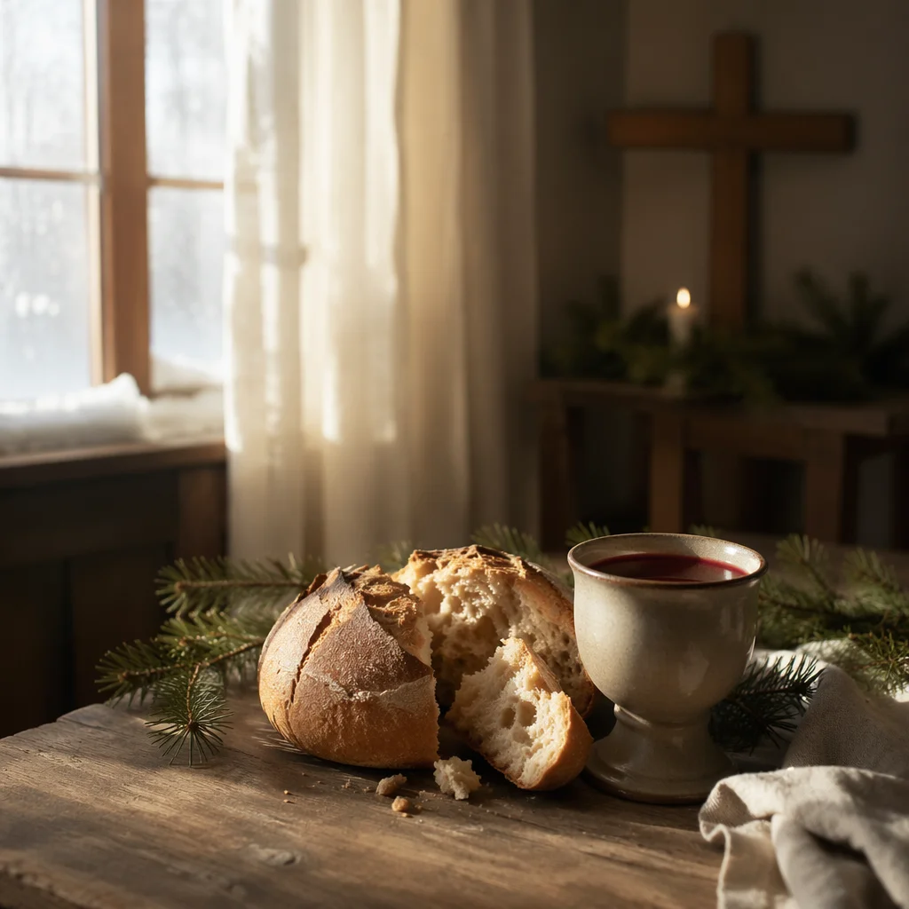 Evergreen Communion Bread and Wine Still Life