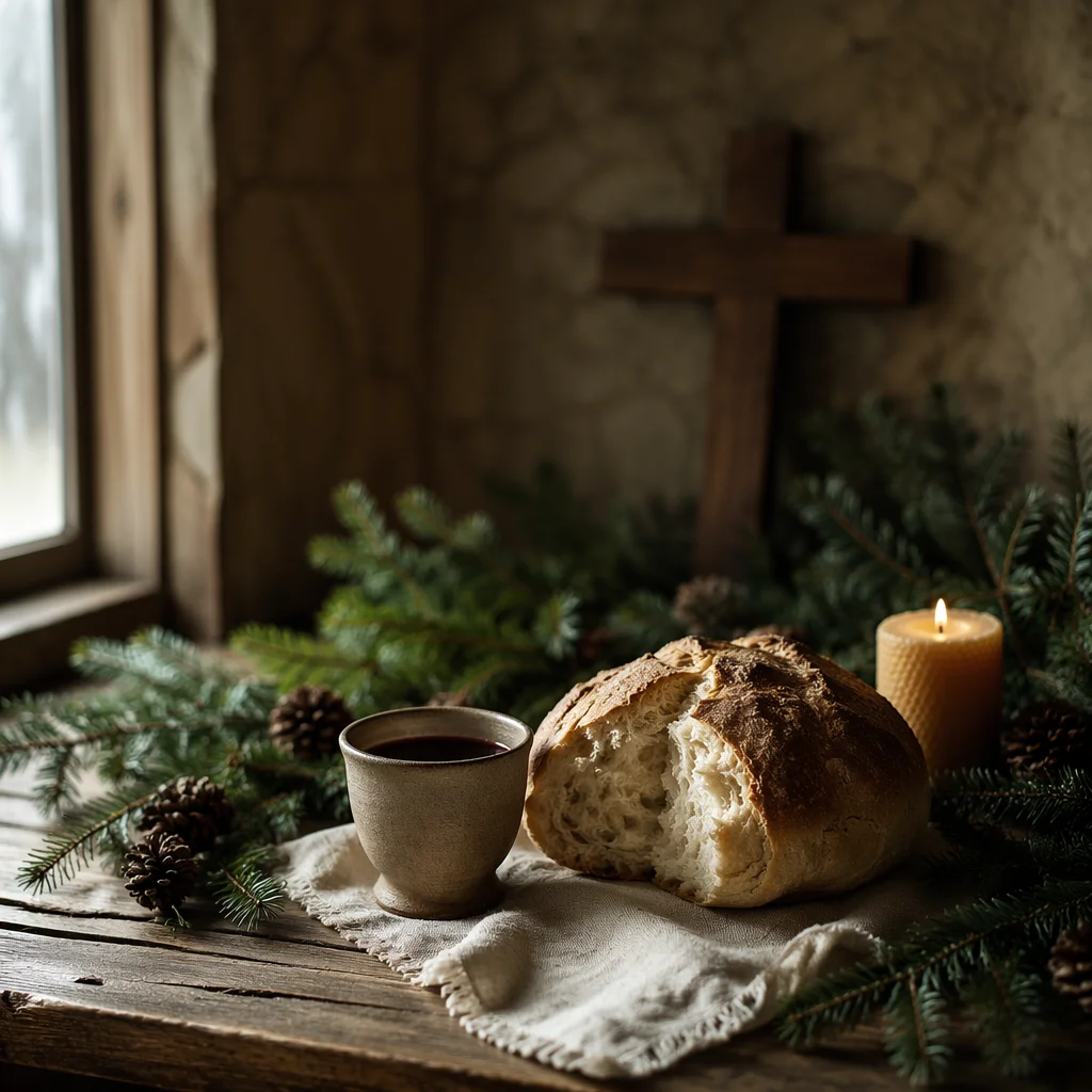 Evergreen Communion Bread and Wine Still Life
