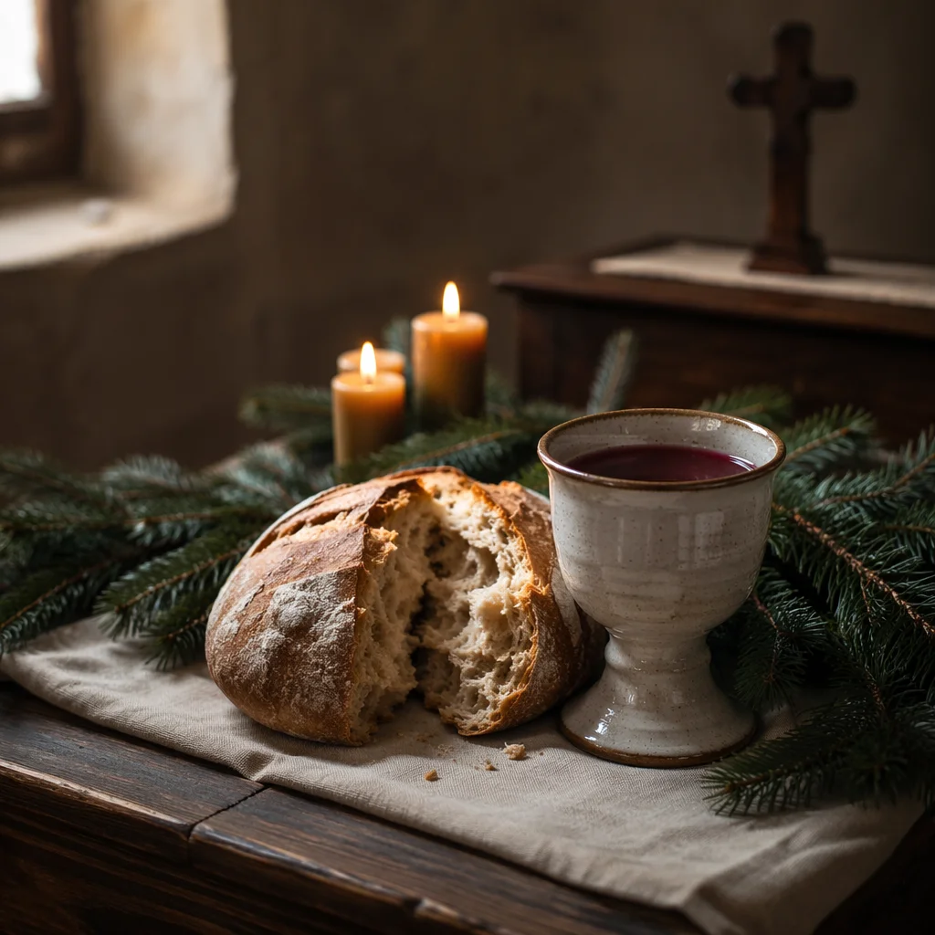 Evergreen Communion Bread and Wine Still Life