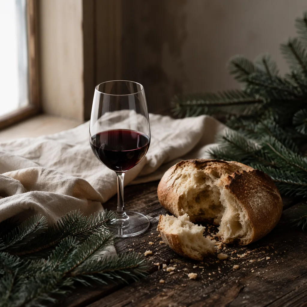 Evergreen Communion Bread and Wine Still Life