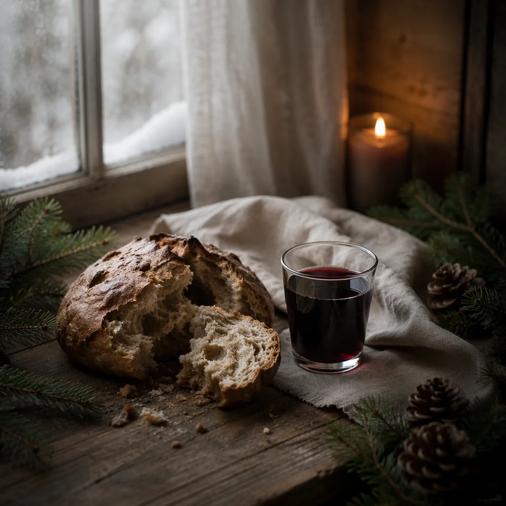 Evergreen Communion Bread and Wine Still Life