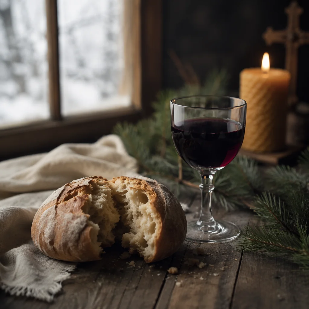 Evergreen Communion Bread and Wine Still Life