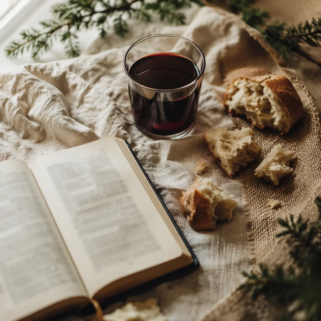 Evergreen Communion Bread and Wine Still Life