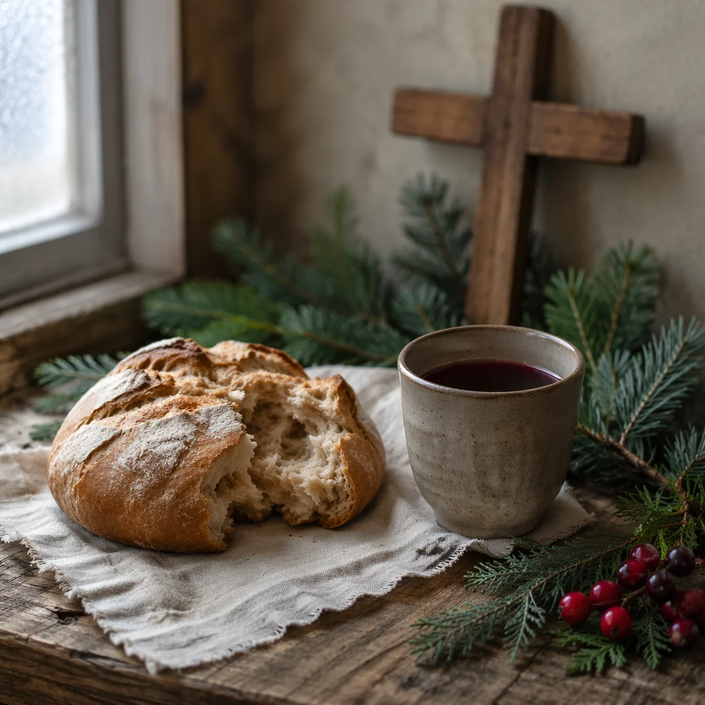 Evergreen Communion Bread and Wine Still Life